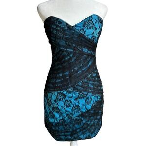 Roberta Teal Blue & Black Lace Strapless Bodycon Ruched Cocktail Mini Dress S